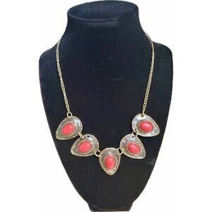17” - 19” Necklace with Hammered Silver Discs With Coral Stones, Gold Trim